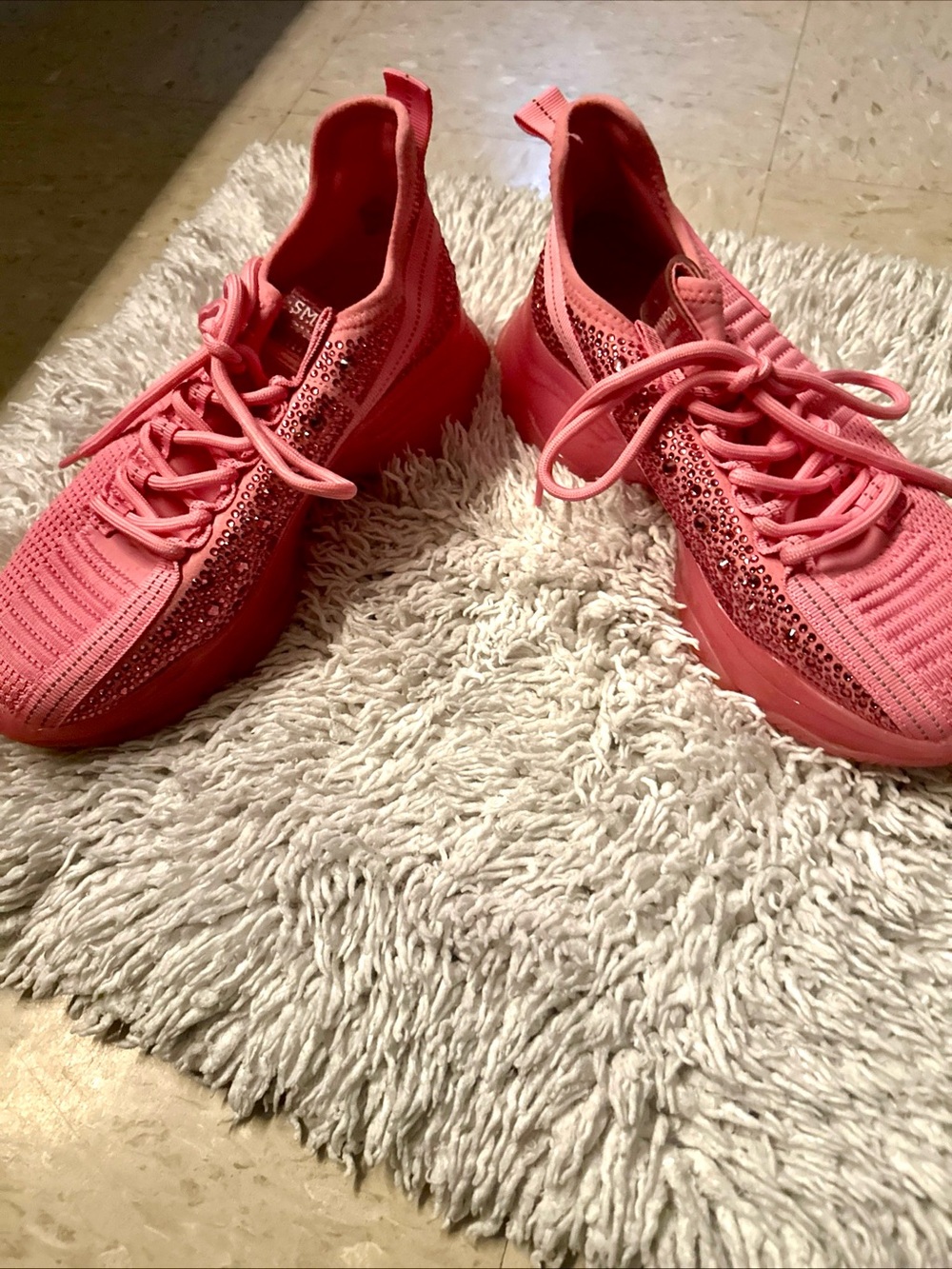 Steve Madden Coral Pink Knit Lace-Up Sneakers with Side Rhinestones